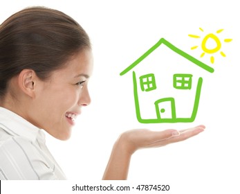 Happy House Buyer / Owner Concept Or Woman Dreaming Of A House. Illustration And Photo Composite. Mixed Chinese Caucasian Woman In Profile Isolated On White Background.