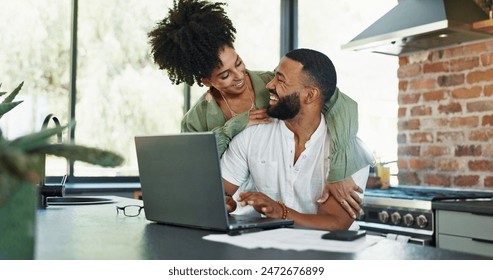 Happy, hug and couple with laptop in home with investment, savings and budget for bills. Smile, banking and financial payment with excited woman and online planning together from profit and tech - Powered by Shutterstock