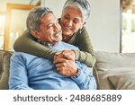 Happy, hug and elderly couple on sofa for love, wellness and pleased for successful retirement. Senior woman, man and smile at home for life insurance, financial security and good news in marriage