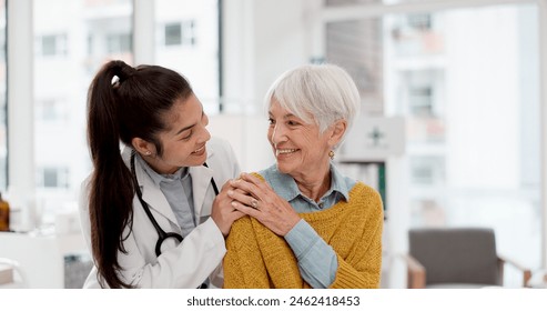 Happy, hug and face of a doctor with a woman for medical trust, healthcare and help. Laughing, care and portrait of a young nurse with a senior patient and love during a consultation at a clinic - Powered by Shutterstock