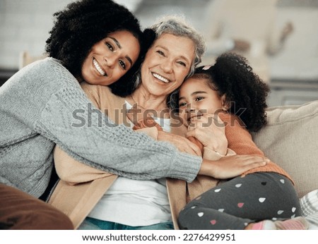 Happy, hug and portrait of family with affection, visit and bonding on mothers day. Smile, interracial and mother, child and grandmother hugging, being affectionate and cheerful for quality time