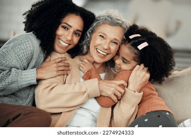 Happy, hug and portrait of family on mothers day, visit and affection while bonding. Smile, love and mother, child and grandmother hugging, being affectionate and cheerful for quality time together - Shutterstock ID 2274924333