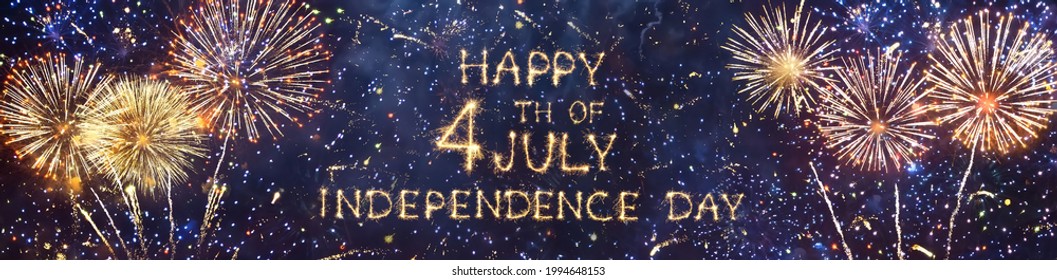 Happy Independence Day 4th of July. Sparkling text on Fireworks Background. Beautiful Panoramic Greeting Card for Independence Day in United States. Wide Angle header for website or Web banner - Powered by Shutterstock