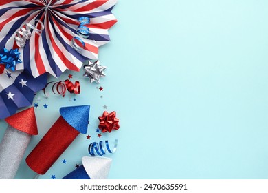 Happy Independence Day, 4th of July banner mockup with paper fans and firework rockets on light blue background. USA Independence Day, American Labor day, Presidents Day concept - Powered by Shutterstock