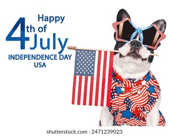 Happy Independence Day. American Flag, cute puppy and congratulatory inscription. Closeup, indoors. Studio shot. Congratulations for family, loved ones, friends and colleagues. Pets care concept - Powered by Shutterstock