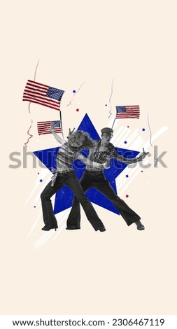 Happy Independence day. Contemporary art collage with retro couple, man and woman dancing and celebrating national holiday on national USA symbols background. American culture, 4th of july, ad concept