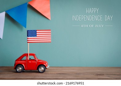 Happy Independence Day Greeting Banner. 4th Of July (Fourth Of July) Concept. American Flag In The Red Car And Text, Mixed Media.