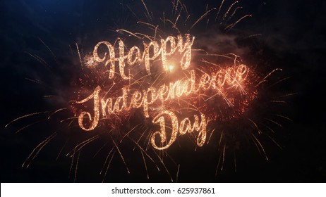 Happy Independence Day greeting text with particles and sparks on black night sky with colored slow motion fireworks on background, beautiful typography magic design. - Powered by Shutterstock