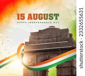 Happy independence day of India celebration on August 15. Indian gate with Indian flag. 