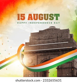 Happy independence day of India celebration on August 15. Indian gate with Indian flag. 
