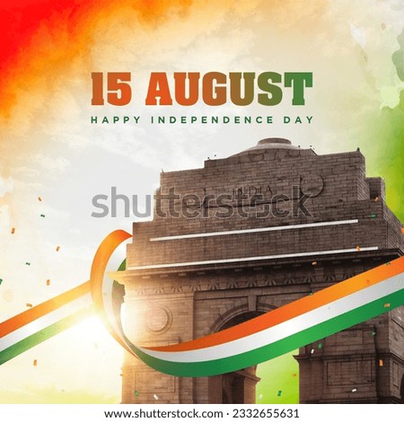 Happy independence day of India celebration on August 15. Indian gate with Indian flag. 