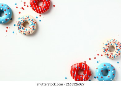 Happy Independence Day USA greeting card template with donuts in American flag colors. Fourth of July banner design