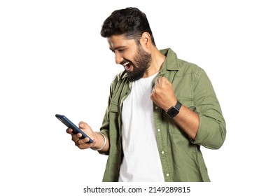 Happy Indian Male Model Holding Mobile Phone