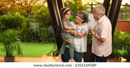 Happy Indian old grandmother standing holding cute little child girl in arms hands playing together outdoor home. Beautiful senior couple talking with small adorable daughter enjoying summer holiday