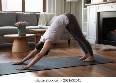 Happy Indian woman in sportswear practice yoga or stretching on mat at home. Sporty millennial mixed race female do morning exercise training follow healthy lifestyle. Hobby, wellness, sport concept.