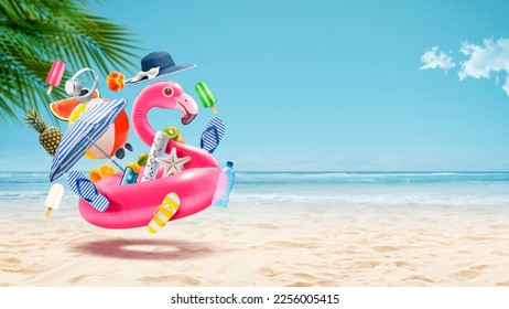 Happy inflatable flamingo going to the tropical beach surrounded by beach items, summer vacations concept - Shutterstock ID 2256005415
