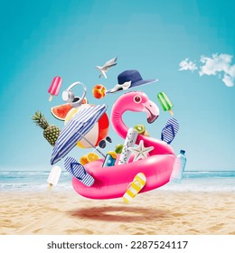 Happy inflatable flamingo going to the tropical beach surrounded by beach items, summer vacations concept - Powered by Shutterstock