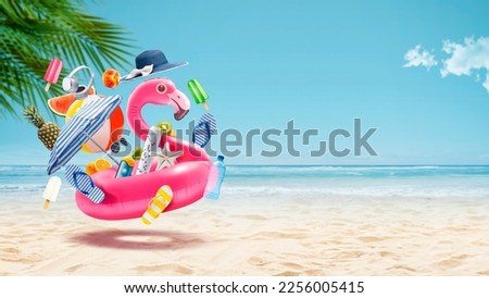Happy inflatable flamingo going to the tropical beach surrounded by beach items, summer vacations concept Сток-фото © 