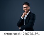 Happy, investor and portrait of man in studio, dark background and business in stock market. Corporate, professional and businessman trading in crypto or thinking of profit on investment in economy