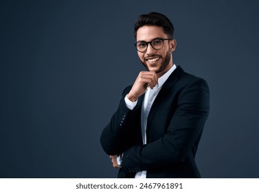 Happy, investor and portrait of man in studio, dark background and business in stock market. Corporate, professional and businessman trading in crypto or thinking of profit on investment in economy - Powered by Shutterstock