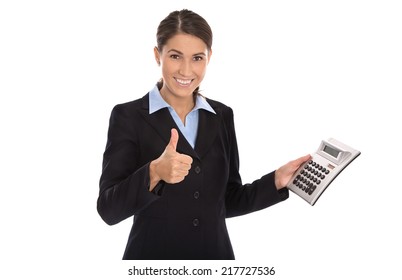 Happy Isolated Business Woman Showing Pocket Calculator.