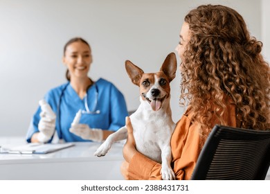 Happy Jack Russell Terrier with curly-haired owner receiving care from smiling female veterinarian in a clinic, talking while sitting at table