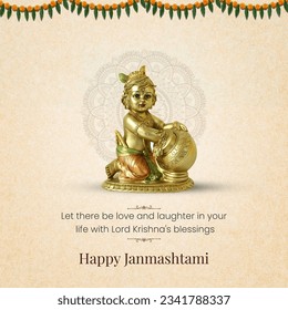 Happy Janmashtami and lord Krishna Dahi handi statue - Shutterstock ID 2341788337