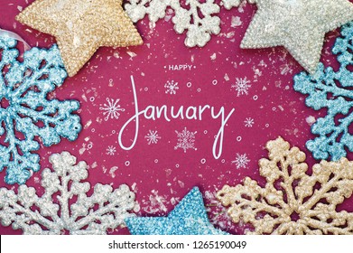 Happy January calligraphy inscription with shining snowflakes and stars. - Powered by Shutterstock