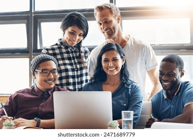 Happy, journalists and people in business meeting for planning magazine, seo article and layout in office. Smile, freelance writers and creative team with laptop and blog research and feedback - Powered by Shutterstock