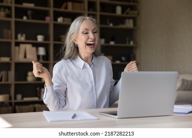 Happy joyful elder senior lady talking on video call, laughing with open mouth, feeling joy, euphoria. Mature customer woman receiving good news, offer, using computer at home