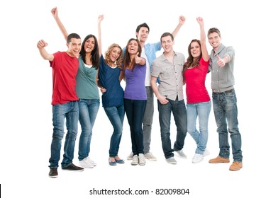 Happy Joyful Group Of Friends Cheering Isolated On White Background