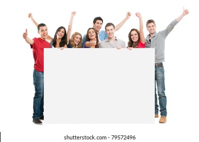 Happy joyful large group of friends displaying white placard for your text isolated on white background - Powered by Shutterstock