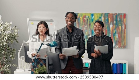 Happy, joyful, satisfied employees of corporations of different nationalities, skin color laugh, enjoy tossing documents, cards, reports up in the air dismissed from disliked job, leave the company