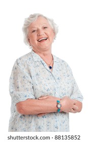 Happy joyful senior lady looking at camera and smiling isolated on white background