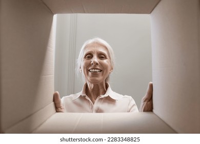 Happy joyful senior woman looking at camera through cardboard box dimensions frame, smiling, laughing. Elder customer lady checking paper container. From inside view portrait - Powered by Shutterstock