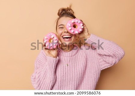 Similar – Image, Stock Photo beautiful woman and cute golden retriever dog enjoying healthy breakfast at home, lying on the floor. healthy breakfast with tea, fruits and sweets. top view