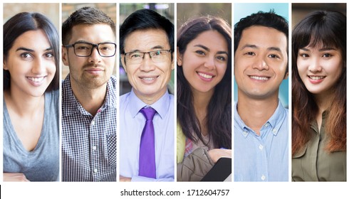 Happy joyful young and middle aged people portrait set. Smiling men and women of different races multiple shot collage. Business people concept