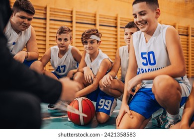 A happy junior basketball players kneeling on court with their trainer and discussing game tactics and strategy on training. Active teenage athletes having consultations on basketball court with coach - Powered by Shutterstock