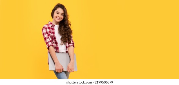 Happy Kid Back To School Carrying Laptop Computer Yellow Background, Online Learning. School Girl Portrait With Laptop, Horizontal Poster. Banner Header With Copy Space.