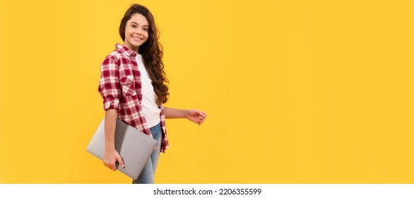 Happy Kid Back To School Carrying Laptop Digital Device Learning Technology, E-learning. School Girl Portrait With Laptop, Horizontal Poster. Banner Header With Copy Space.