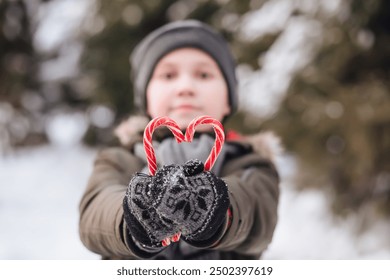 Happy kid boy teenager standing near by spruce and holding candy canes heart shaped. Holiday celebrate concept. Christmas concept. - Powered by Shutterstock