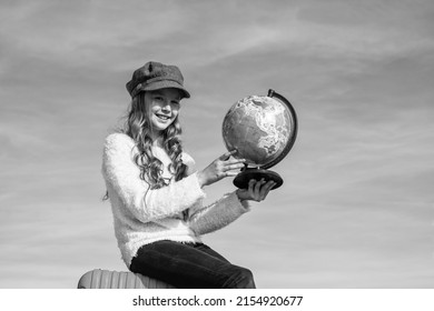 Happy Kid In Cap Search Place For Travel On Geography Globe Map Outdoor, Location