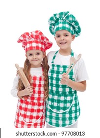 Happy Kid Chefs With Hats And Aprons Holding Cooking Utensils - Isolated