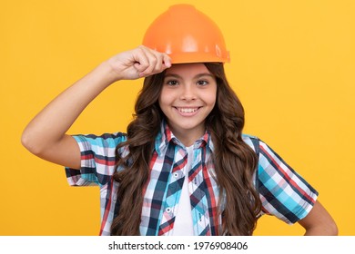 Happy Kid With Curly Hair In Construction Helmet, Architect