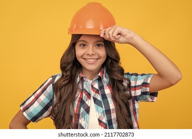 Happy Kid With Curly Hair In Construction Helmet, Architect