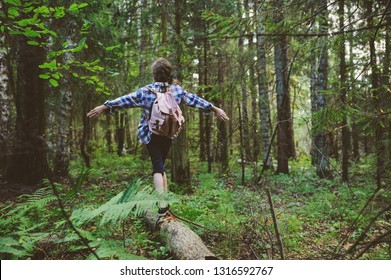 Happy Kid Girl Exploring Summer Forest, Traveling On Vacation. Teaching Kids To Love Nature. Earth Day Concept. 