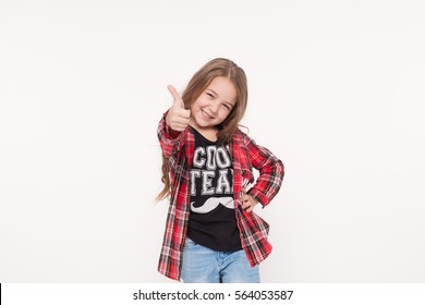Happy Kid Girl With Thumb Up Sign