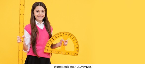 Happy Kid Girl Use Protractor Ruler To Learn Mathematics, Measurement. Banner Of Schoolgirl Student. School Child Pupil Portrait With Copy Space.