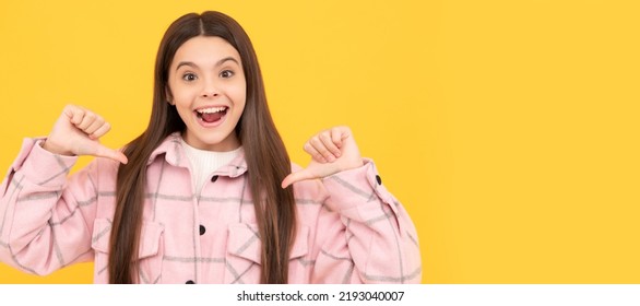 Happy Kid Girl Wear Pink Checkered Shirt Pointing Fingers On Herself, Selfish. Child Face, Horizontal Poster, Teenager Girl Isolated Portrait, Banner With Copy Space.