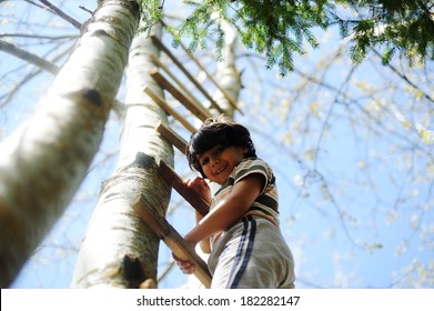 Happy Kid Having Fun Climbing On Ladder In Forest Cabin